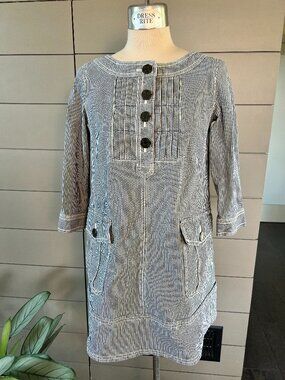 Burberry Blue Label Thick Blue Striped Denim 3/4 Quarter Sleeve Shirt Size 36